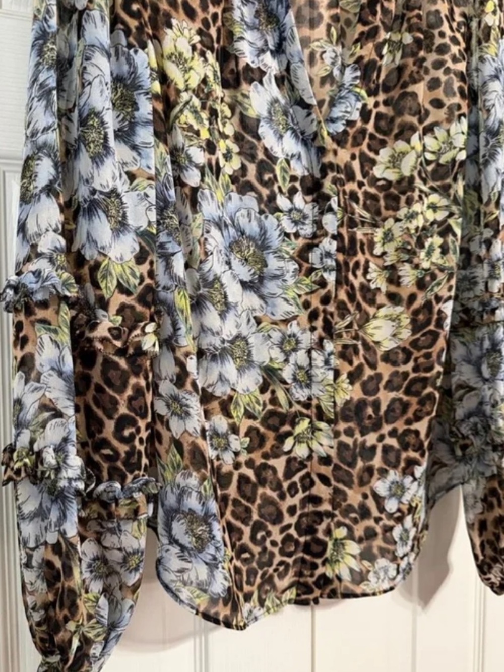 WHBM Floral Sheer Leopard Print Blouse Large Brown Blue - Picture 3 of 6